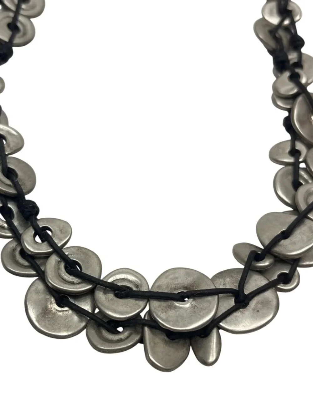 Uno De 50 Button Closure Necklace With Layered Silver-Tone Discs And Black Cord